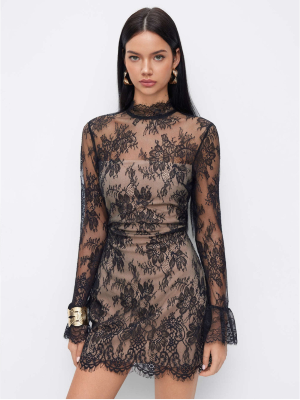 Cider Black Lace Stand Collar Long Sleeve Straight Mini Dress Size 10